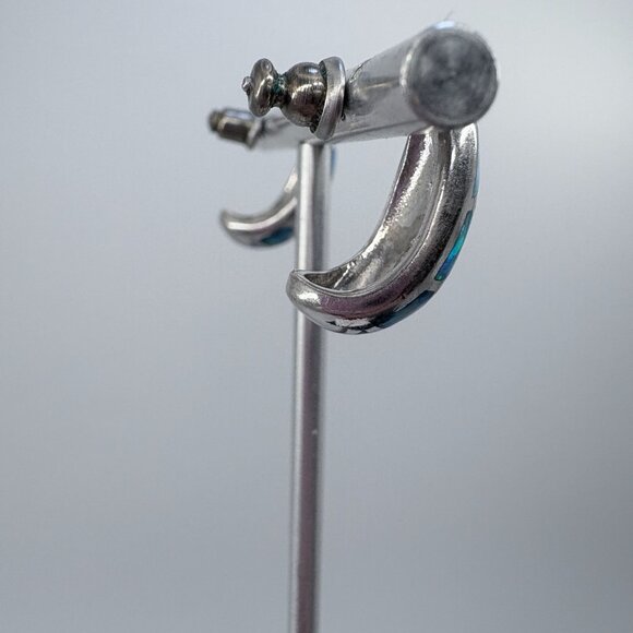 VTG Sterling Silver 925 Blue Opal Crescent Hoop Earrings Size 0.75" Length - Picture 3 of 7